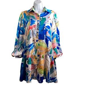 Oops!!! Modern Watercolor Print Drop Waist Shirt Dress Size S Oversized Boho